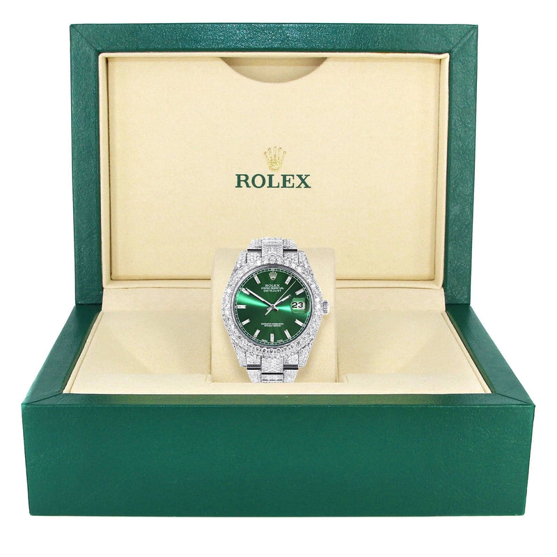 Diamond Iced Out Rolex Datejust 41 | 25 Carats Of Diamonds | Green Diamond Dial | Two Row | Oyster Band