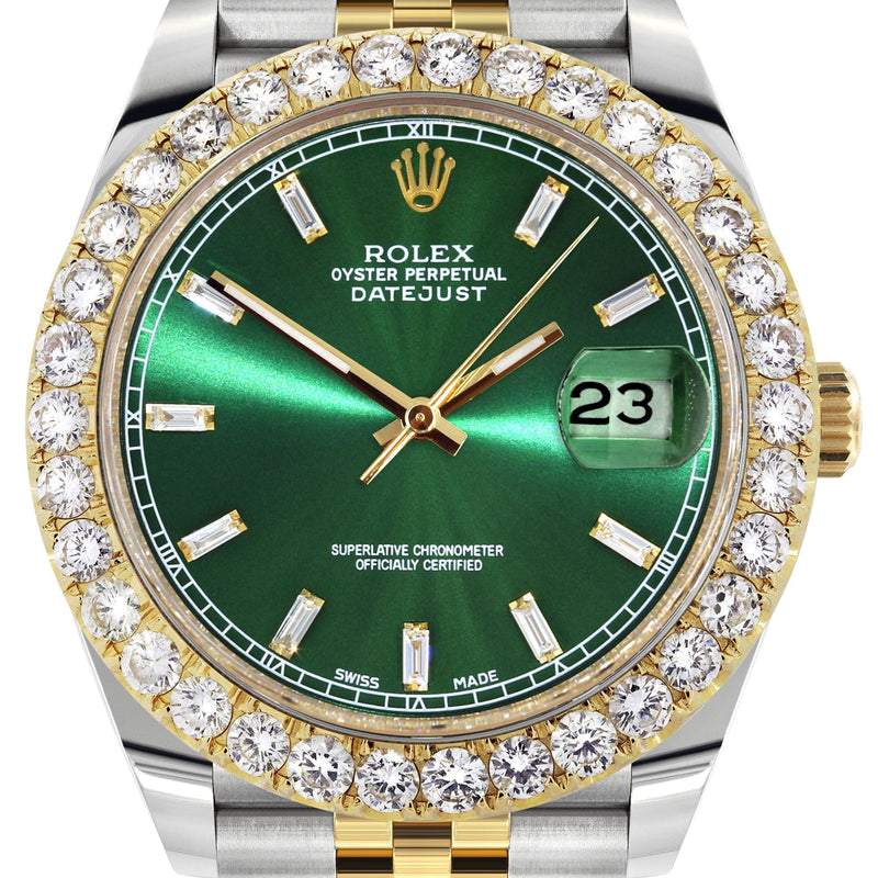 Rolex Datejust 41 Watch | 41 MM | 18K Yellow Gold & Stainless Steel | Custom Green Baguette Diamond Dial | Jubilee Band