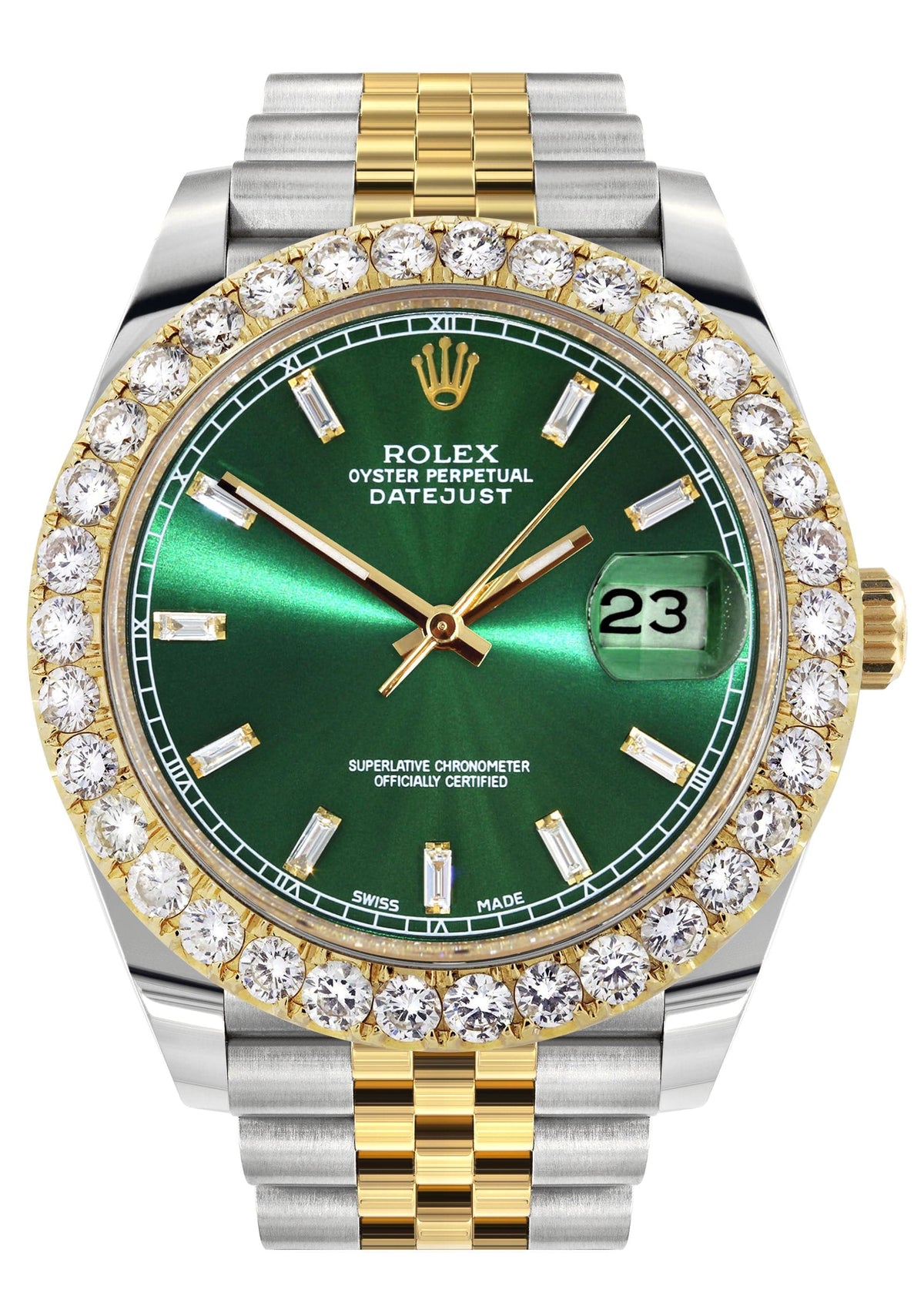 Rolex Datejust 41 Watch | 41 MM | 18K Yellow Gold & Stainless Steel | Custom Green Baguette Diamond Dial | Jubilee Band
