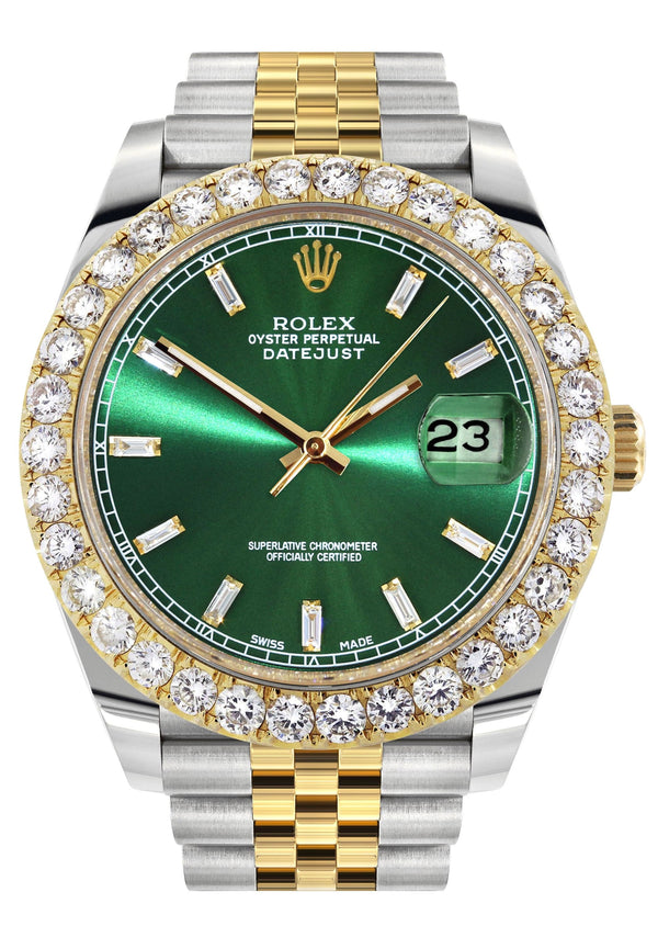 Rolex Datejust 41 Watch | 41 MM | 18K Yellow Gold & Stainless Steel | Custom Green Baguette Diamond Dial | Jubilee Band