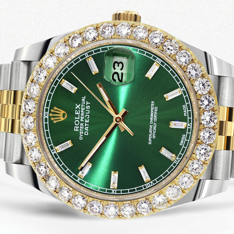 Rolex Datejust 41 Watch | 41 MM | 18K Yellow Gold & Stainless Steel | Custom Green Baguette Diamond Dial | Jubilee Band