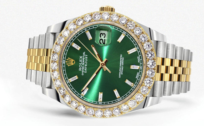 Rolex Datejust 41 Watch | 41 MM | 18K Yellow Gold & Stainless Steel | Custom Green Baguette Diamond Dial | Jubilee Band