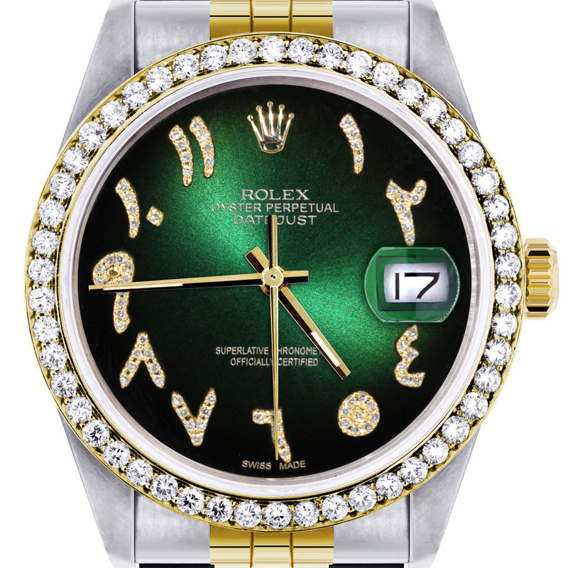 Gold & Steel Rolex Datejust Watch 16233 for Men  | 36Mm | Green Black Arabic Diamond Dial | Jubilee Band