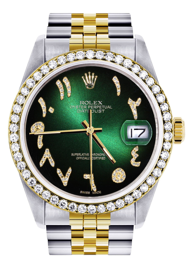 Gold & Steel Rolex Datejust Watch 16233 for Men  | 36Mm | Green Black Arabic Diamond Dial | Jubilee Band