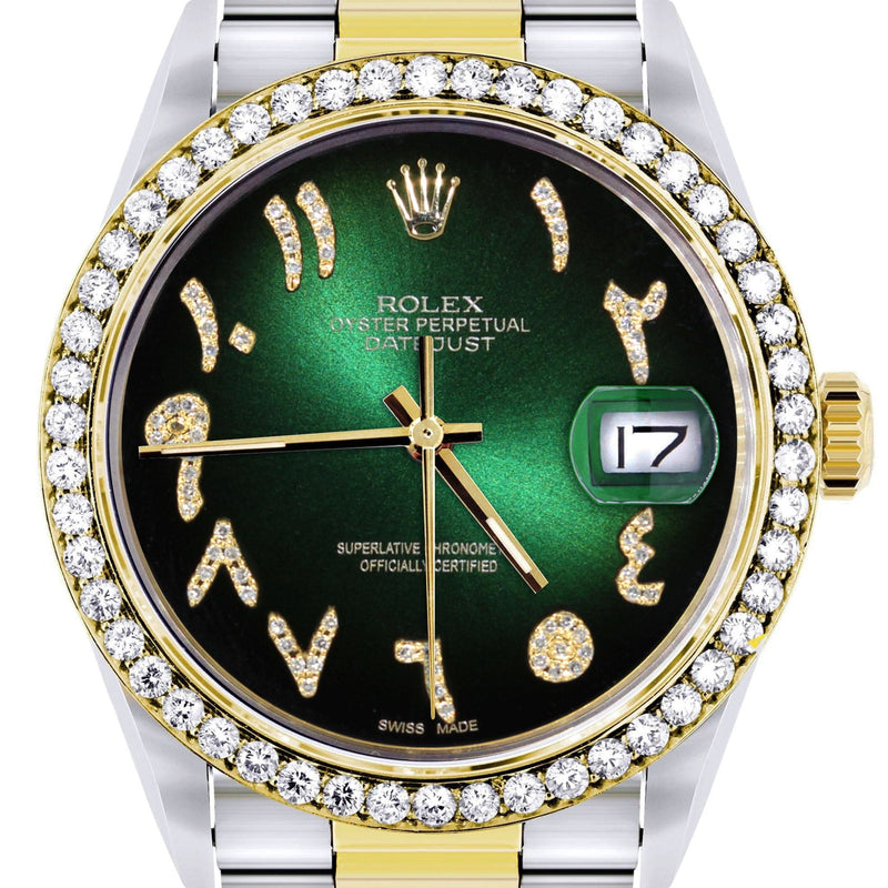 Gold & Steel Rolex Datejust Watch 16233 for Men | 36Mm | Green Black Arabic Diamond Dial | Oyster Band