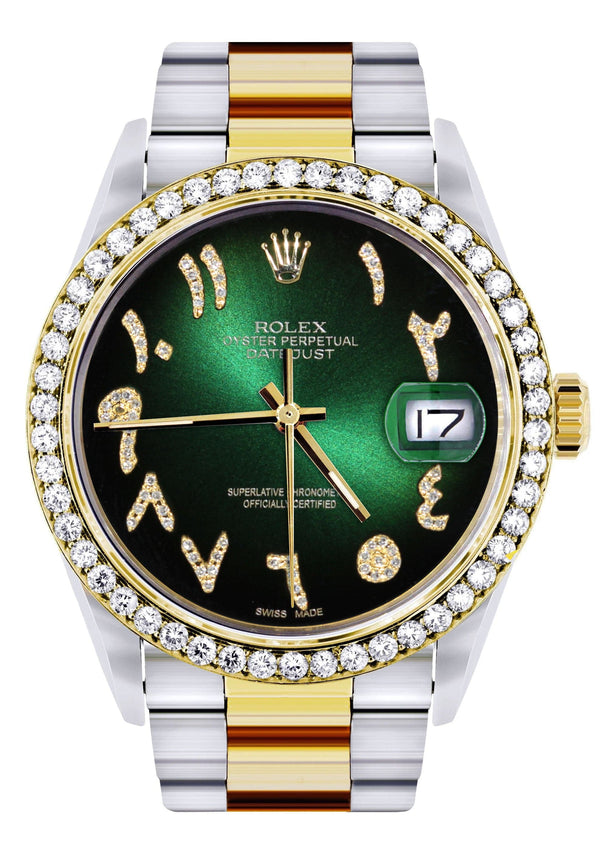 Gold & Steel Rolex Datejust Watch 16233 for Men | 36Mm | Green Black Arabic Diamond Dial | Oyster Band