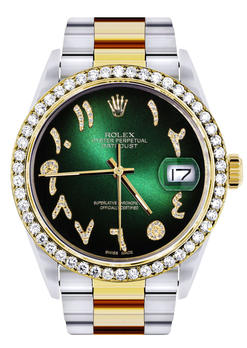 Gold & Steel Rolex Datejust Watch 16233 for Men | 36Mm | Green Black Arabic Diamond Dial | Oyster Band