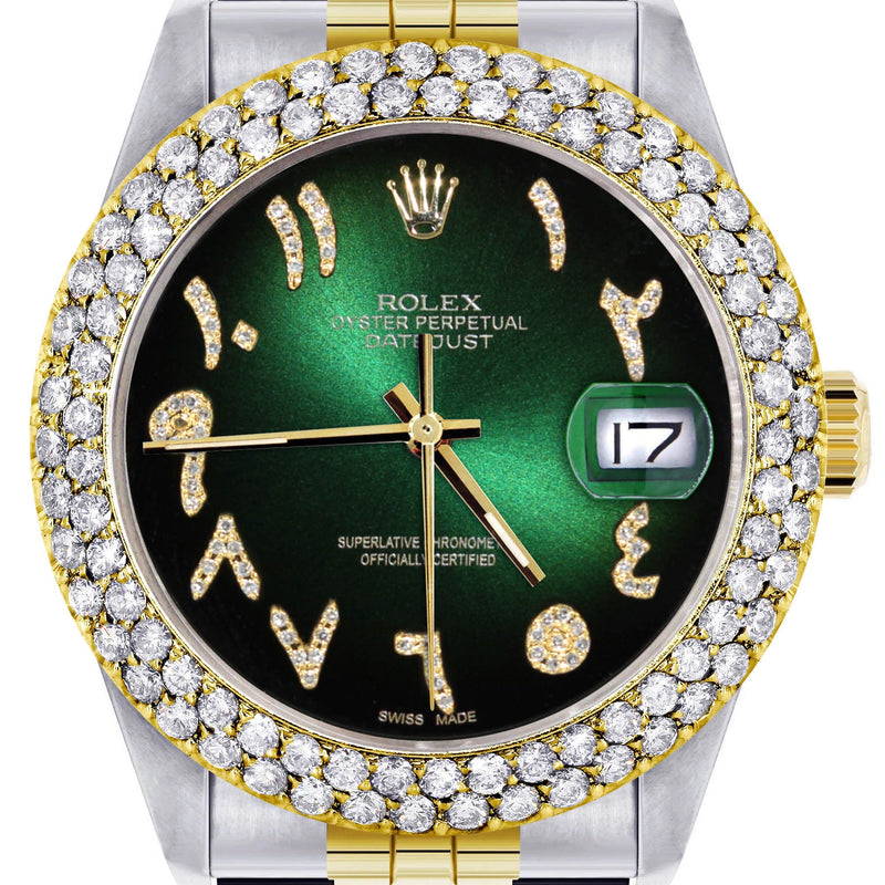 Diamond Gold Rolex Watch For Women 16233 | 36Mm | Green Black Arabic Diamond Dial | Two Row 4.25 Carat Bezel | Jubilee Band