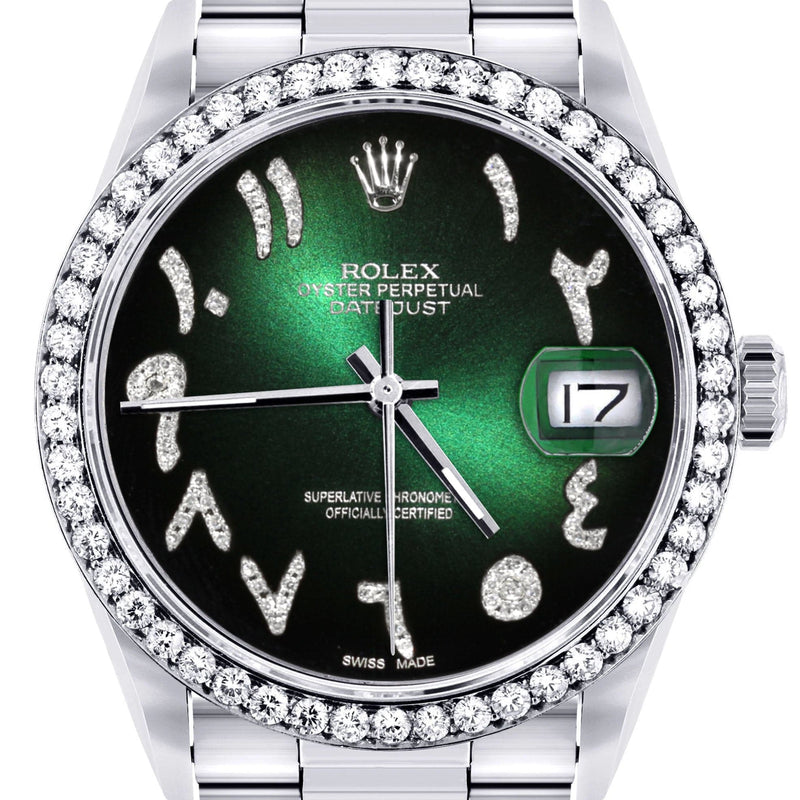 Diamond Mens  Rolex Datejust Watch 16200 | 36Mm | Green Black Arabic Diamond Dial | Oyster Band