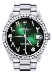 Diamond Mens  Rolex Datejust Watch 16200 | 36Mm | Green Black Arabic Diamond Dial | Oyster Band