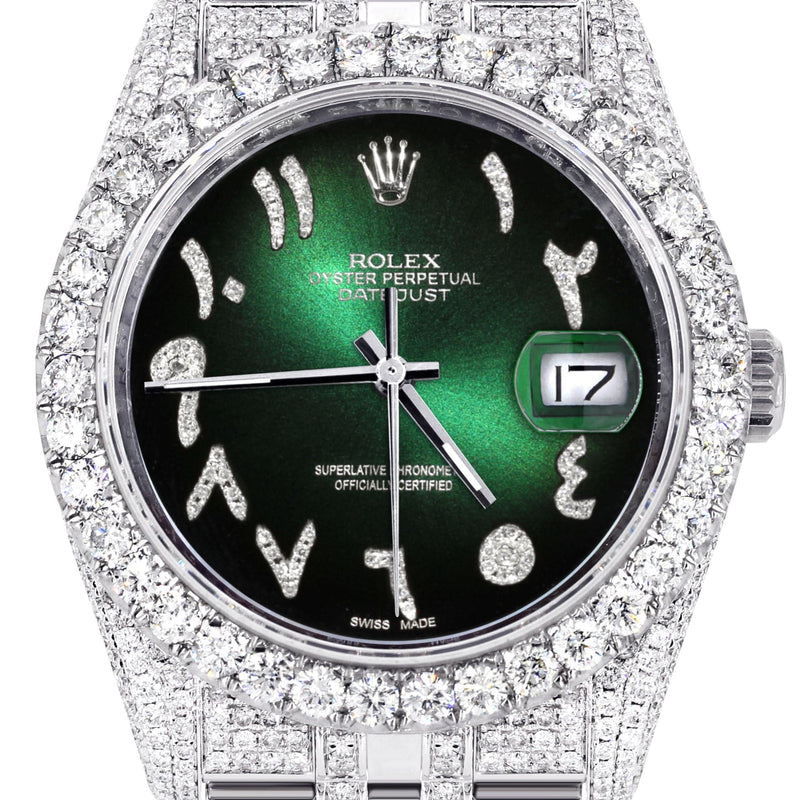 Iced Out Rolex Datejust 36 MM | Stainless Steel | 16.5 Carats of Diamonds | Green Black Arabic Diamond Dial | Jubilee Band | Model 116200