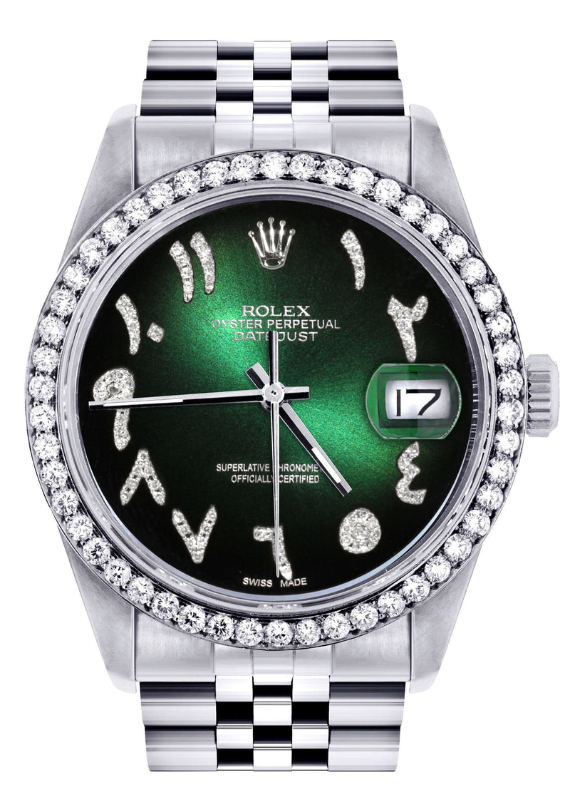 Diamond Mens Rolex Datejust Watch 16200 | 36Mm | Green Black Arabic Diamond Dial | Jubilee Band