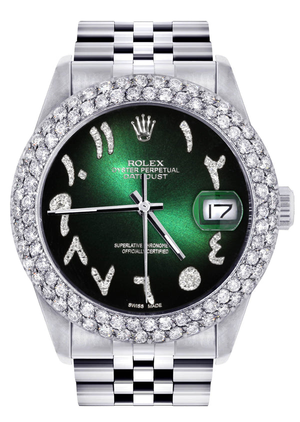 Mens Rolex Datejust Watch 16200 | 36Mm | Green Black Arabic Diamond Dial | Two Row 4.25 Carat Bezel | Jubilee Band