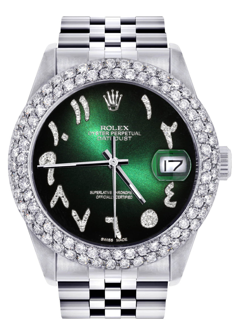 Mens Rolex Datejust Watch 16200 | 36Mm | Green Black Arabic Diamond Dial | Two Row 4.25 Carat Bezel | Jubilee Band