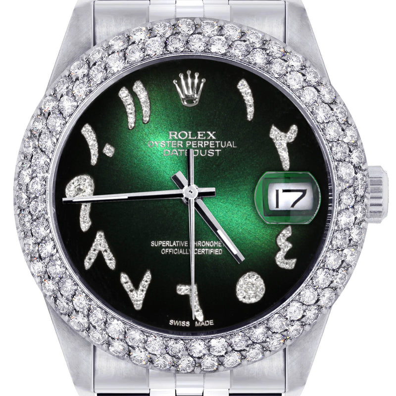 Womens Rolex Datejust Watch 16200 | 36Mm | Green Black Arabic Diamond Dial | Two Row 4.25 Carat Bezel | Jubilee Band