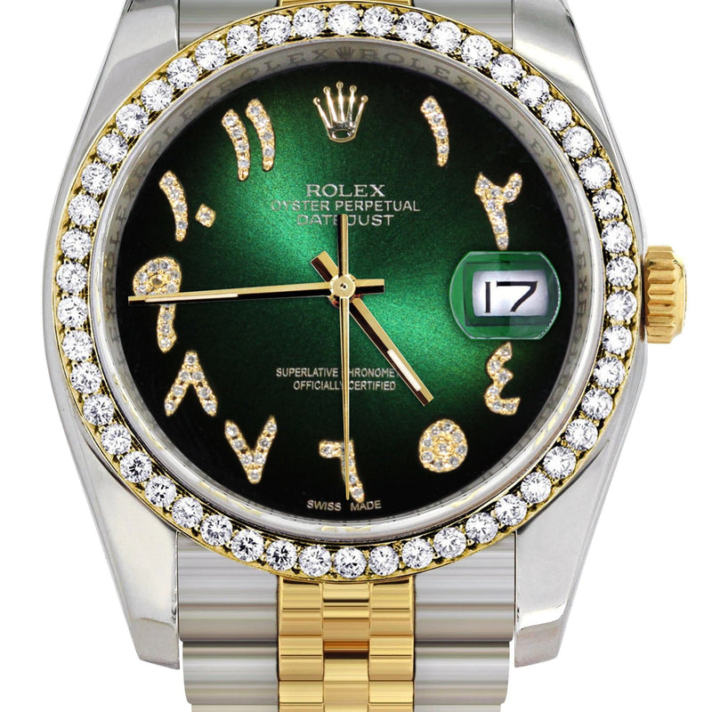 116233 | Hidden Clasp | Gold & Steel Rolex Datejust Watch | 36Mm | Green Black Arabic Diamond Dial | Jubilee Band