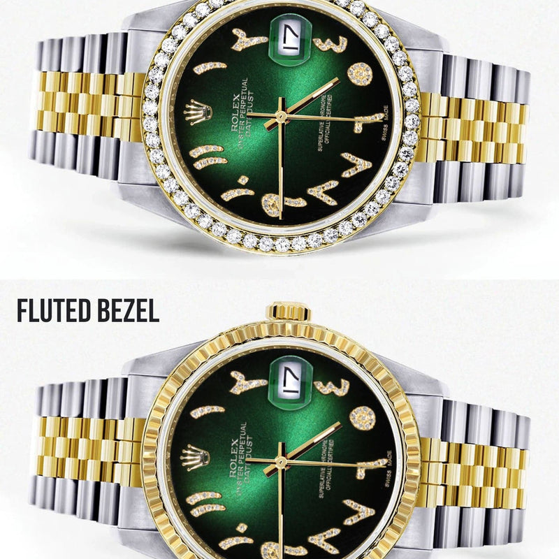 Gold & Steel Rolex Datejust Watch 16233 for Men  | 36Mm | Green Black Arabic Diamond Dial | Jubilee Band