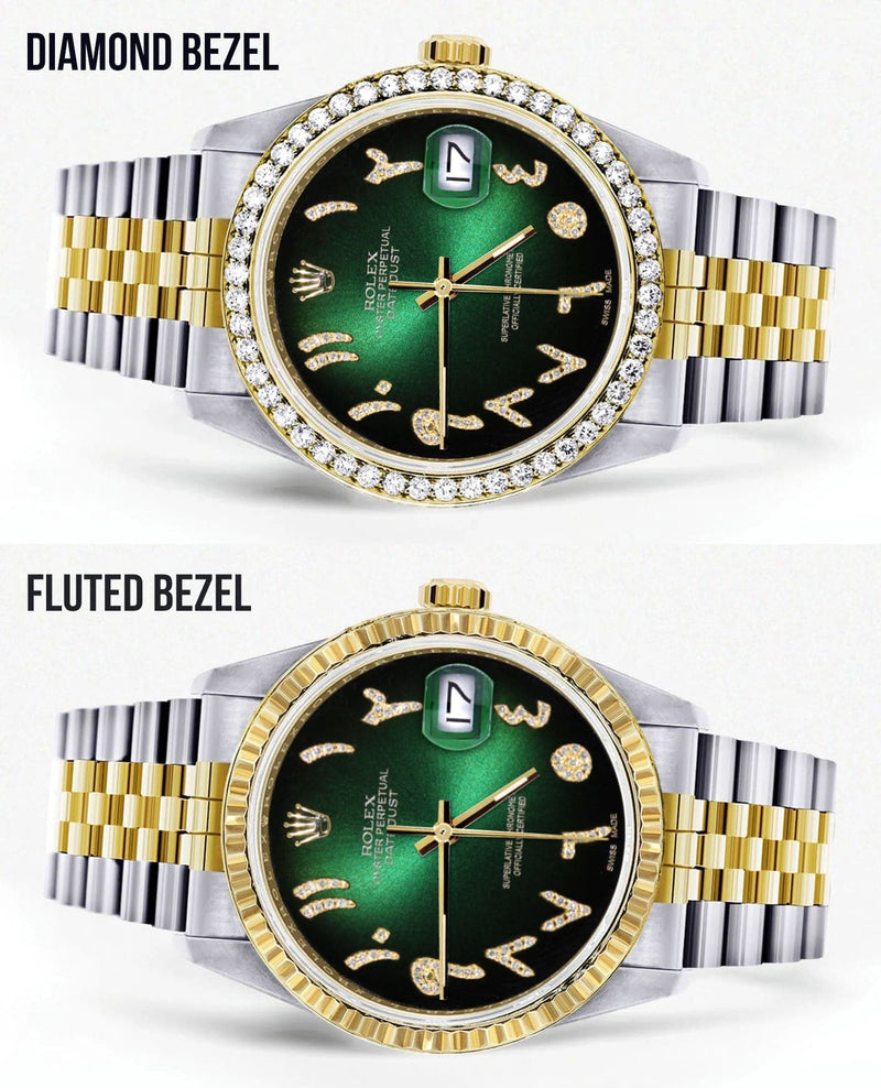 Gold & Steel Rolex Datejust Watch 16233 for Men  | 36Mm | Green Black Arabic Diamond Dial | Jubilee Band
