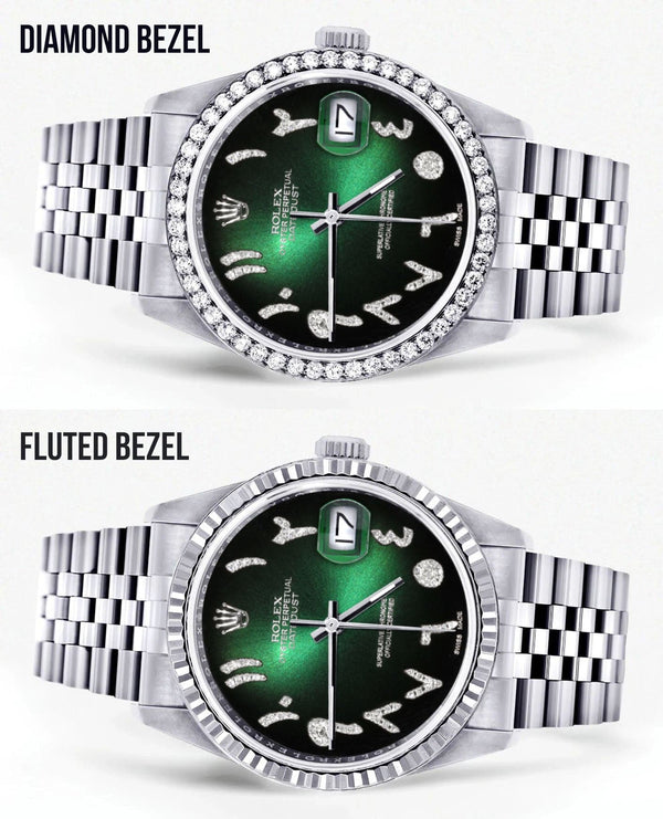 Diamond Mens Rolex Datejust Watch 16200 | 36Mm | Green Black Arabic Diamond Dial | Jubilee Band