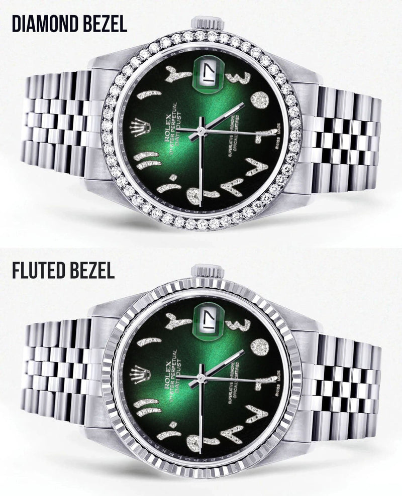 Diamond Mens Rolex Datejust Watch 16200 | 36Mm | Green Black Arabic Diamond Dial | Jubilee Band
