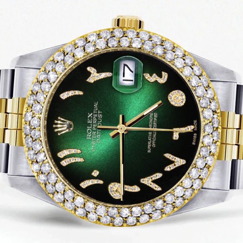 Diamond Gold Rolex Watch For Women 16233 | 36Mm | Green Black Arabic Diamond Dial | Two Row 4.25 Carat Bezel | Jubilee Band