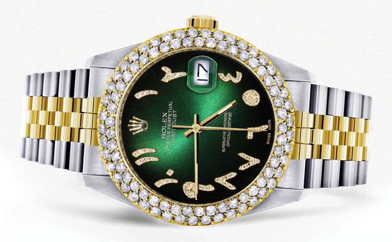 Diamond Gold Rolex Watch For Women 16233 | 36Mm | Green Black Arabic Diamond Dial | Two Row 4.25 Carat Bezel | Jubilee Band