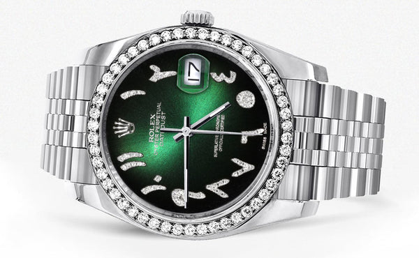 116200 | Hidden Clasp | Diamond Rolex Datejust Watch | 36Mm | Green Black Arabic Diamond Dial | Jubilee Band