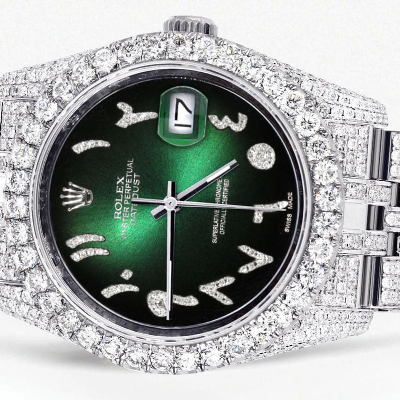 Iced Out Rolex Datejust 36 MM | Stainless Steel | 16.5 Carats of Diamonds | Green Black Arabic Diamond Dial | Jubilee Band | Model 116200