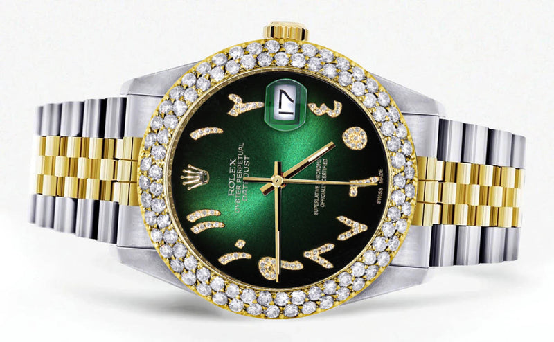 Diamond Gold Rolex Watch For Men 16233 | 36Mm | Green Black Arabic Diamond Dial | Two Row 4.25 Carat Bezel | Jubilee Band