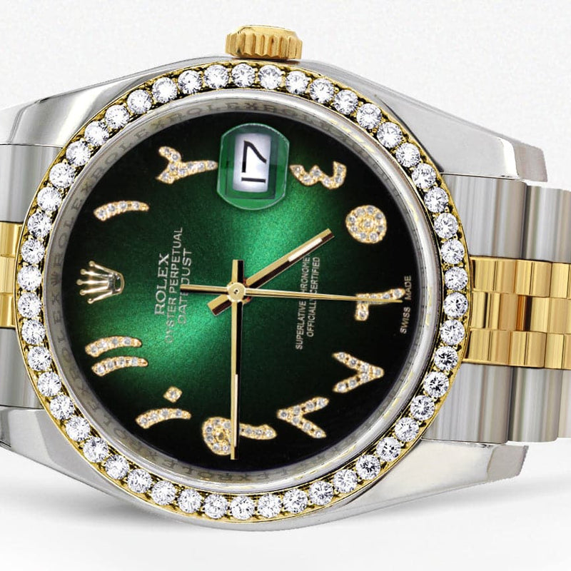 116233 | Hidden Clasp | Gold & Steel Rolex Datejust Watch | 36Mm | Green Black Arabic Diamond Dial | Jubilee Band