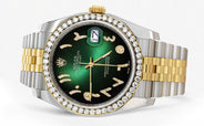 116233 | Hidden Clasp | Gold & Steel Rolex Datejust Watch | 36Mm | Green Black Arabic Diamond Dial | Jubilee Band