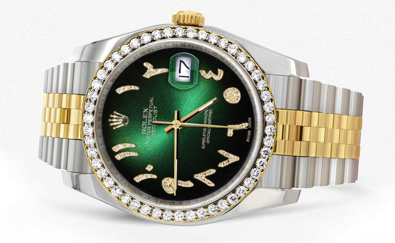 116233 | Hidden Clasp | Gold & Steel Rolex Datejust Watch | 36Mm | Green Black Arabic Diamond Dial | Jubilee Band