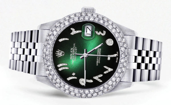 Mens Rolex Datejust Watch 16200 | 36Mm | Green Black Arabic Diamond Dial | Two Row 4.25 Carat Bezel | Jubilee Band