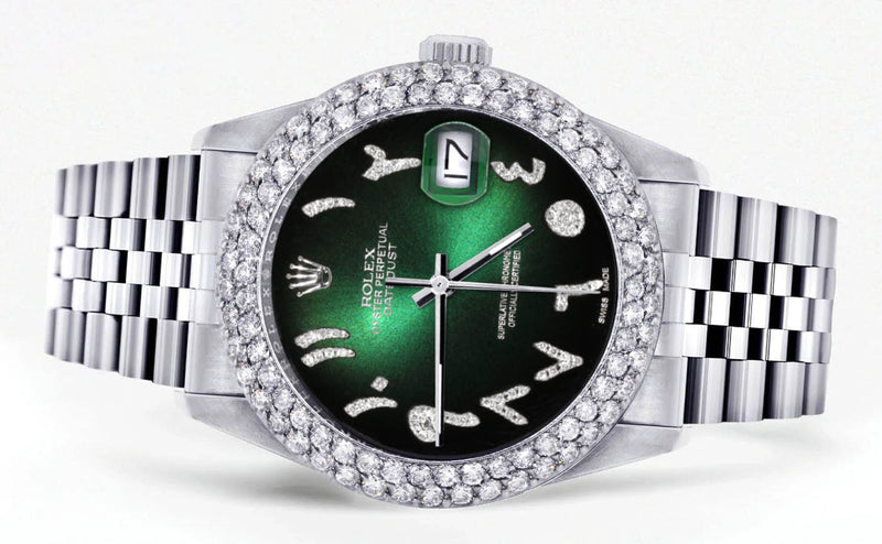 Mens Rolex Datejust Watch 16200 | 36Mm | Green Black Arabic Diamond Dial | Two Row 4.25 Carat Bezel | Jubilee Band