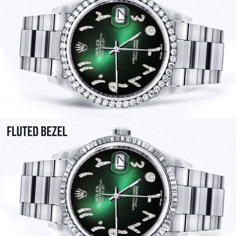 Diamond Mens  Rolex Datejust Watch 16200 | 36Mm | Green Black Arabic Diamond Dial | Oyster Band