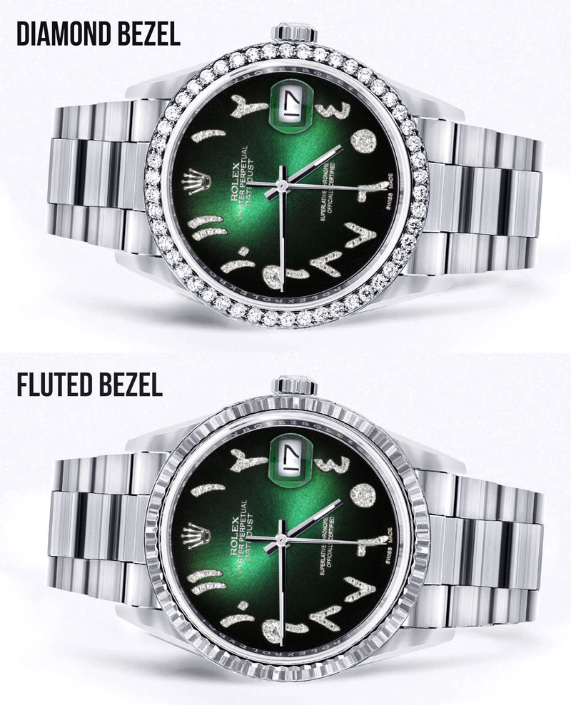 Diamond Mens  Rolex Datejust Watch 16200 | 36Mm | Green Black Arabic Diamond Dial | Oyster Band