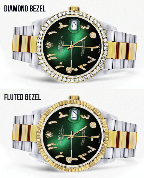 Gold & Steel Rolex Datejust Watch 16233 for Men | 36Mm | Green Black Arabic Diamond Dial | Oyster Band