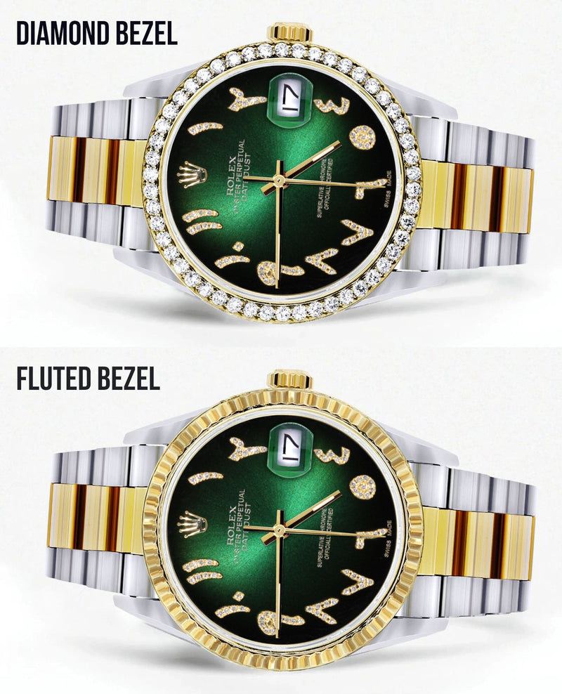 Gold & Steel Rolex Datejust Watch 16233 for Men | 36Mm | Green Black Arabic Diamond Dial | Oyster Band