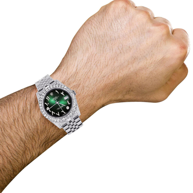 Iced Out Rolex Datejust 36 MM | Stainless Steel | 16.5 Carats of Diamonds | Green Black Arabic Diamond Dial | Jubilee Band | Model 116200