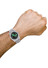 Iced Out Rolex Datejust 36 MM | Stainless Steel | 16.5 Carats of Diamonds | Green Black Arabic Diamond Dial | Jubilee Band | Model 116200