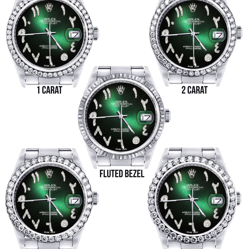 Diamond Mens  Rolex Datejust Watch 16200 | 36Mm | Green Black Arabic Diamond Dial | Oyster Band