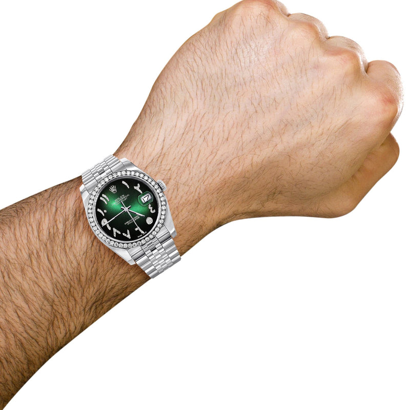 116200 | Hidden Clasp | Diamond Rolex Datejust Watch | 36Mm | Green Black Arabic Diamond Dial | Jubilee Band
