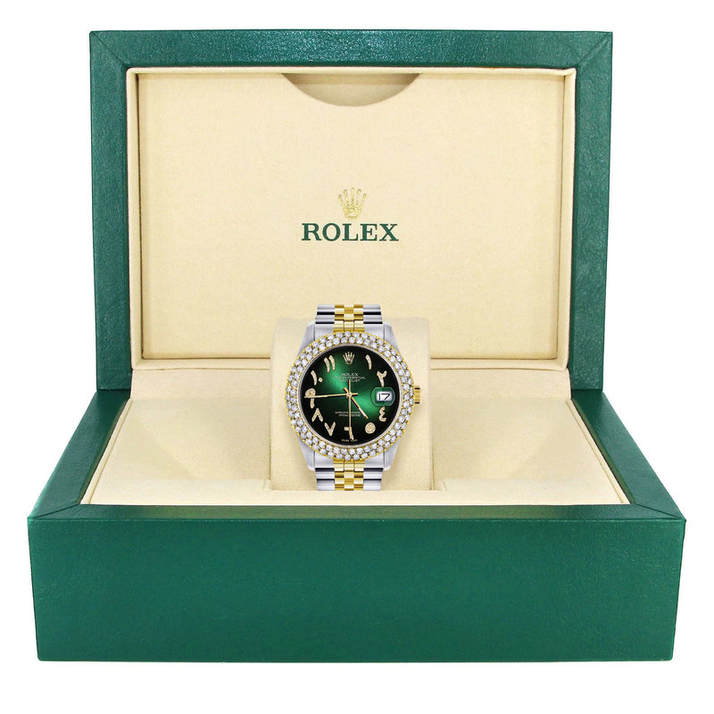 Diamond Gold Rolex Watch For Women 16233 | 36Mm | Green Black Arabic Diamond Dial | Two Row 4.25 Carat Bezel | Jubilee Band
