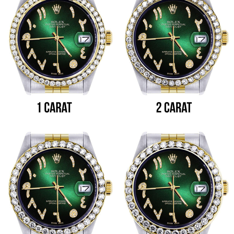 116233 | Hidden Clasp | Gold & Steel Rolex Datejust Watch | 36Mm | Green Black Arabic Diamond Dial | Jubilee Band