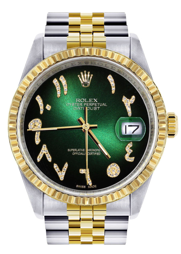 Mens Rolex Datejust Watch 16233 Two Tone | 36Mm | Green Black Arabic Dial | Jubilee Band
