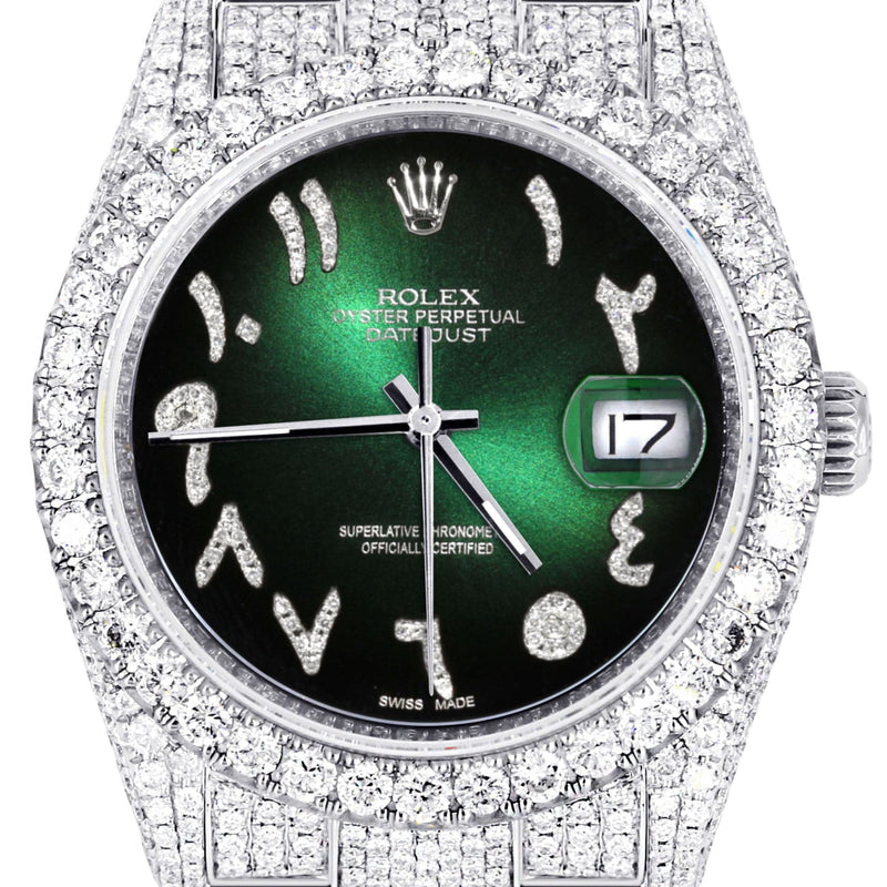 Iced Out Rolex Datejust 36 MM | Stainless Steel | 16.5 Carats of Diamonds | Green Black Arabic Diamond Dial | Oyster Band | Model 116200