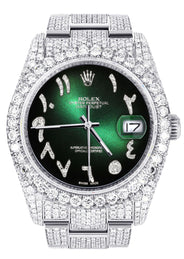 Iced Out Rolex Datejust 36 MM | Stainless Steel | 16.5 Carats of Diamonds | Green Black Arabic Diamond Dial | Oyster Band | Model 116200