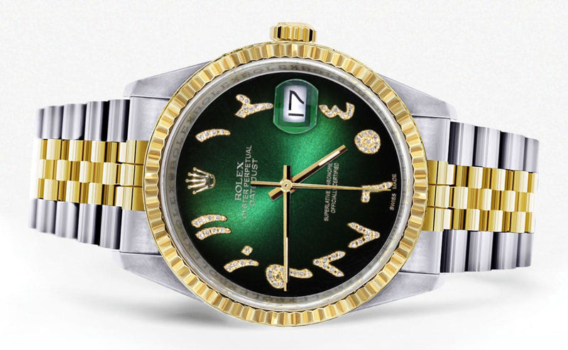 Mens Rolex Datejust Watch 16233 Two Tone | 36Mm | Green Black Arabic Dial | Jubilee Band