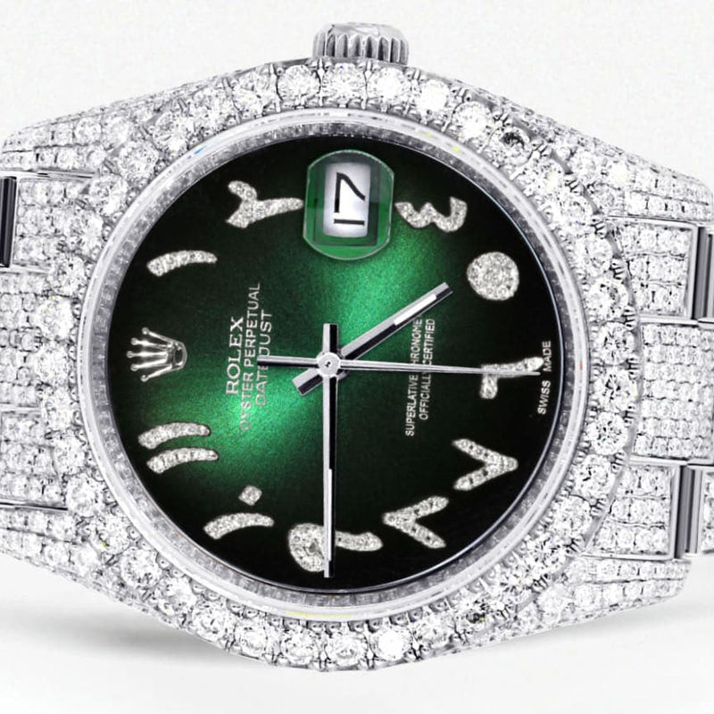 Iced Out Rolex Datejust 36 MM | Stainless Steel | 16.5 Carats of Diamonds | Green Black Arabic Diamond Dial | Oyster Band | Model 116200