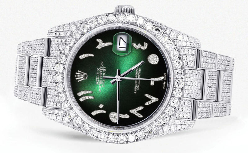 Iced Out Rolex Datejust 36 MM | Stainless Steel | 16.5 Carats of Diamonds | Green Black Arabic Diamond Dial | Oyster Band | Model 116200
